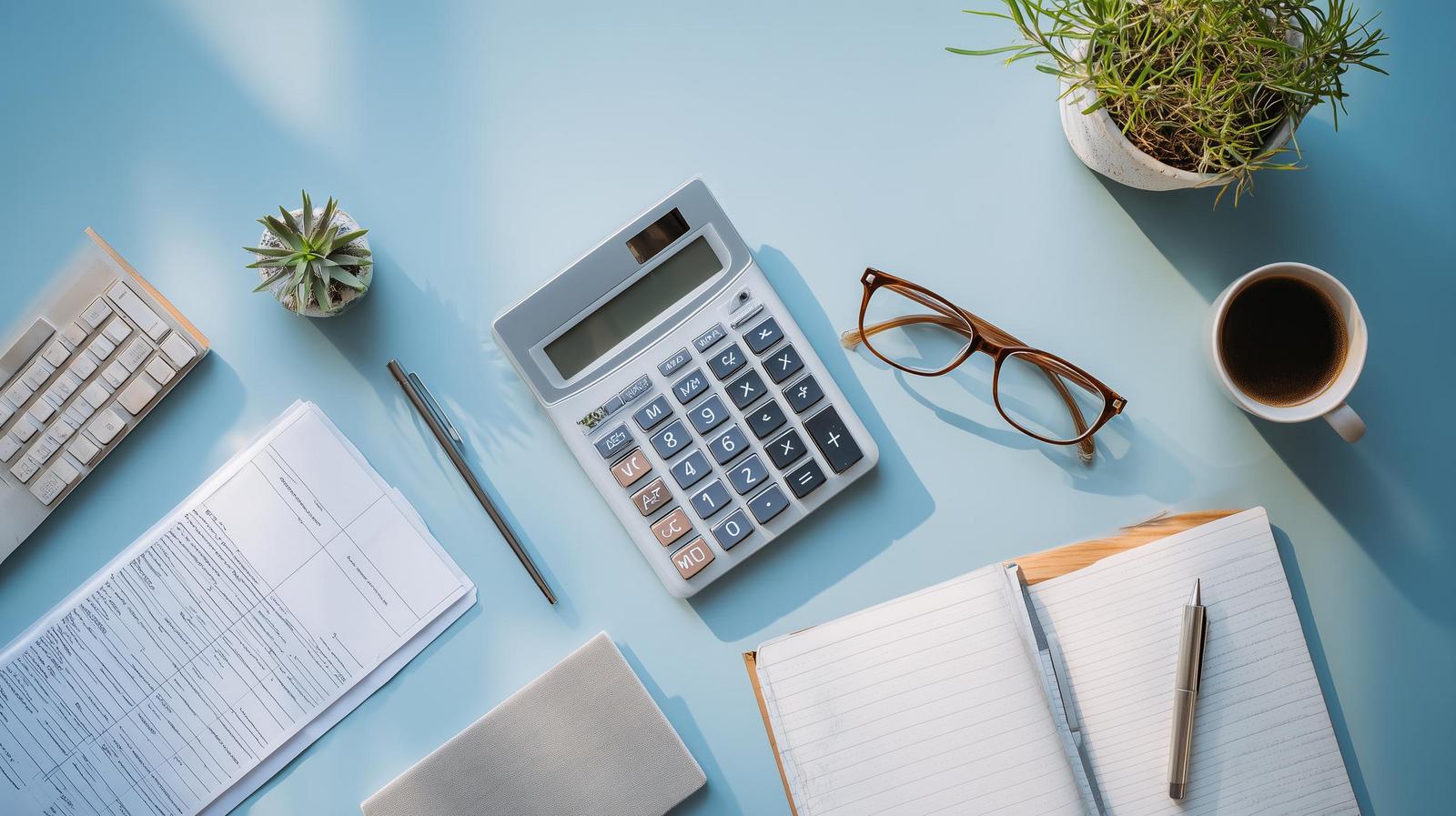 Organized desk with calculator, notebook, glasses, and financial papers